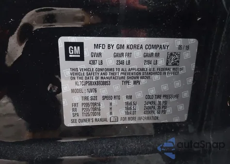 2019 Chevrolet Trax Lt из США, поврежденный, VIN KL7CJPSBXKB938853